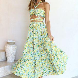 Set: Floral Print Halter Tie-back Top + Floral Print High-waist A-line Skirt
