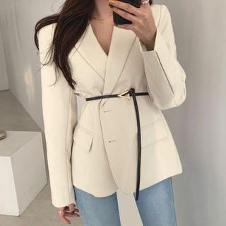 Plain Single-breasted Blazer With Belt
