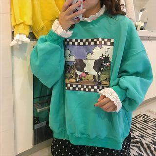 Lace-trim Cartoon Print Sweatshirt