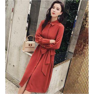 Long-sleeve Tie-waist Midi A-line Collared Dress
