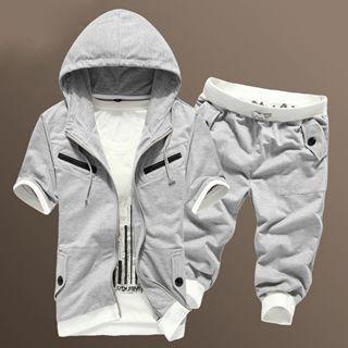 Set: Short-sleeve Hooded Zip Jacket + Drawstring Contrast-trim Cropped Pants