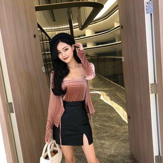Velvet Camisole Top / Velvet Cardigan / Slit A-line Faux Leather Skirt