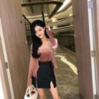 Velvet Camisole Top / Velvet Cardigan / Slit A-line Faux Leather Skirt
