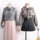 Lace-trim Ribbon-neckline Plaid Blouse