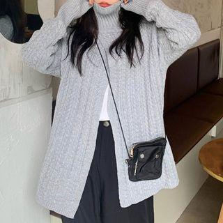 Plain Turtleneck Slit Cable Knit Loose Fit Sweater