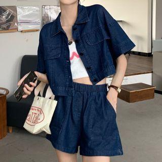 Short-sleeve Cropped Denim Shirt / Shorts