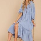 Puff-sleeve Ruffle Hem Midi Shirtdress