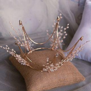Set: Bridal Rhinestone Beaded Crown + Clip-on Dangle Earring Gold - One Size