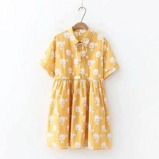 Bear Print Short-sleeve Collared Dress Yellow - One Size