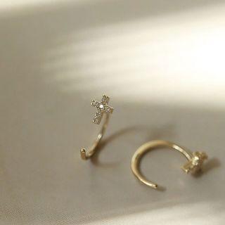 Cross Rhinestone Sterling Silver Open Hoop Earring