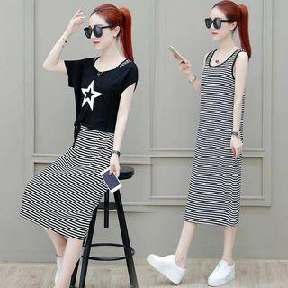 Short-sleeve Star Print T-shirt / Striped Midi Tank Dress