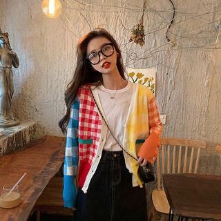 V-neck Color-block Checked Cardigan Red - One Size