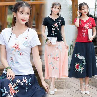 Set: Embroidered Short-sleeve T-shirt + Midi A-line Skirt