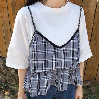 Short-sleeve Mock Two-piece Plaid T-shirt