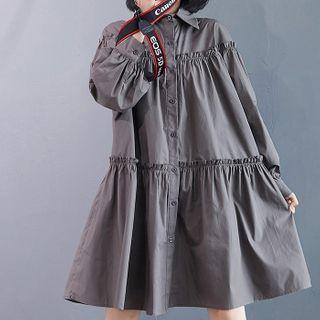 Ruffle Trim Long-sleeve A-line Shirtdress