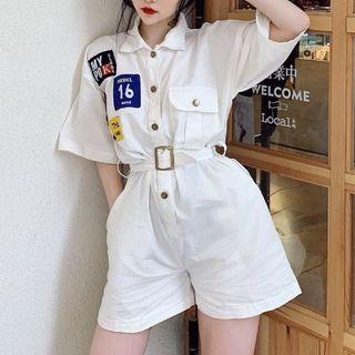 Short-sleeve Applique Gather-waist Jumpsuit