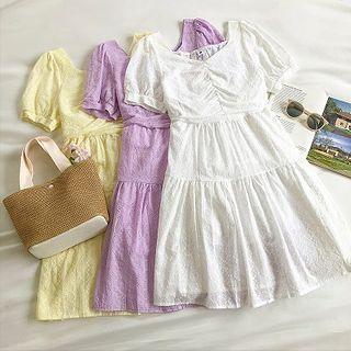 Plain Square-neck Perforated Short-sleeve Dress
