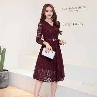 V-neck Long-sleeve Lace Dress