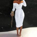 Long-sleeve Off-shoulder Tie-waist Midi Sheath Dress