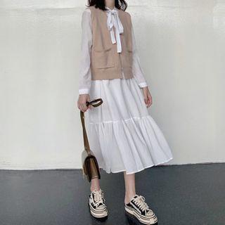 Set: Long-sleeve Tie-neck Midi A-line Dress + Buttoned Knit Vest