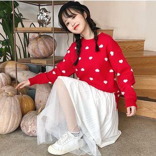 Set: Heart Patterned Sweater + Accordion Pleated Midi Mesh Panel Skirt