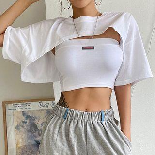 Set: Short-sleeve Cropped T-shirt + Applique Tube Top