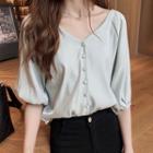 Plain V-neck Elbow-sleeve Chiffon Blouse