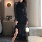 Long-sleeve Mesh Mermaid Midi Dress