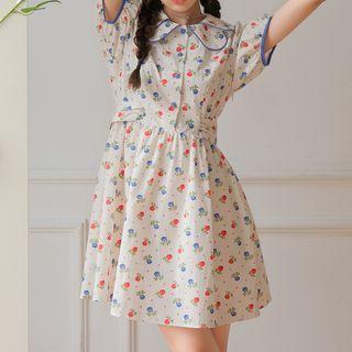 Short-sleeve Floral Printed Peter Pan Collar Dress Rose - One Size