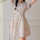 Short-sleeve Floral Printed Peter Pan Collar Dress Rose - One Size