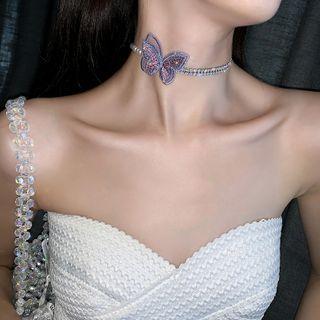 Rhinestone Butterfly Choker Purple & Gold - One Size