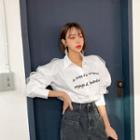 Letter-embroidered Mesh-overlay Blouse