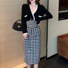 Set: Contrast Trim Cardigan +high-waist Houndstooth Midi Pencil Skirt