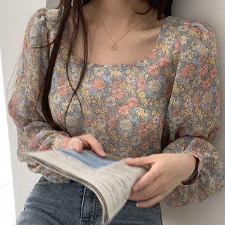 Puff-sleeve Square Neck Floral Loose Fit Chiffon Blouse