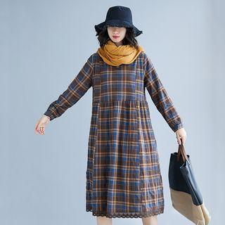 Plaid Semi Split-neck Long-sleeve Dress