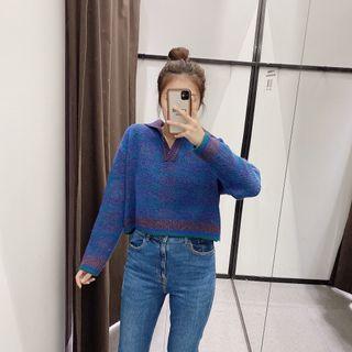 Polo-neck Plaid Knit Top