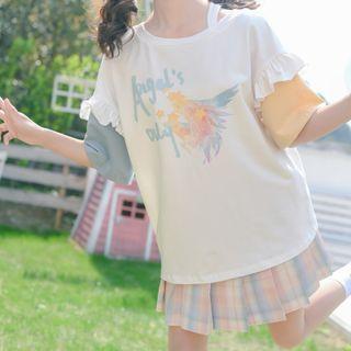 Short-sleeve Graphic Print Frill Trim T-shirt