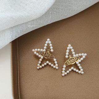 Faux Pearl Alloy Planet Earring 1 Pair - 925 Silver - One Size