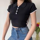 Cropped Collared Color-block Short-sleeve Knit Top