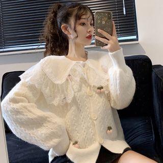 Collared Lace Trim Blouse / Long-sleeve Plain Cardigan