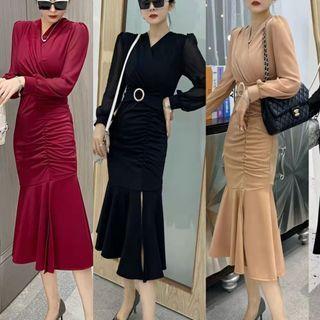V-neck Shirred Midi Mermaid Dress