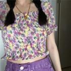 Flower Print Short-sleeve Blouse / Denim Mini A-line Skirt