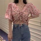 Puff-sleeve Drawstring Front Floral Blouse As Shown In Figure - One Size