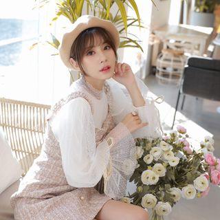 Set: Balloon-sleeve Mesh Blouse + Tweed Jumper Dress