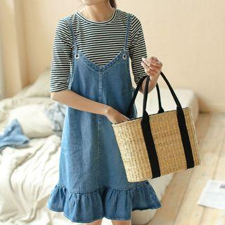 Set : Stripe Short-sleeve T-shirt + Spaghetti Strap Denim Dress