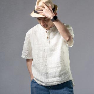 Stand-collar Linen Short-sleeve Shirt