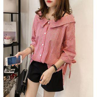 Collared Plaid 3/4-sleeve Blouse