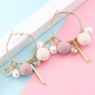 Pom Pom Faux Pearl Hoop Earring 1 Pair - Gold & Beige - One Size