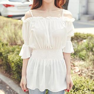 Off-shoulder Smock-detail Peplum Top
