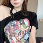 Asymmetrical Printed Crop T-shirt Black - One Size